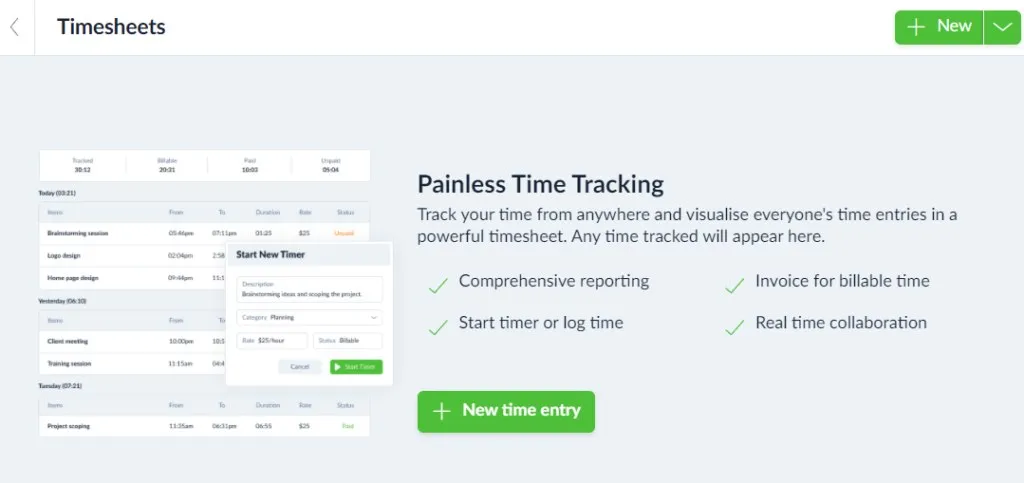 Plutio timesheets screen from the business management software review